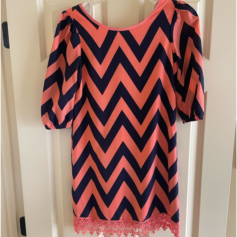 Girls Navy/Peach Chevron Dress